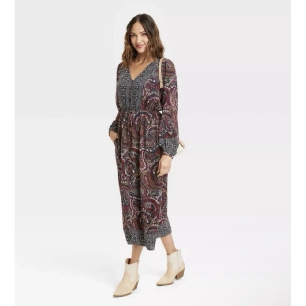 Knox Rose Women's XL Boho Paisley Blk Red V-Neck Long Sleeve Midi Dress Pockets